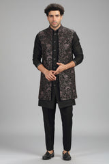 Black Silk Embroidery and Sequin Worked Jacket Kurta Set