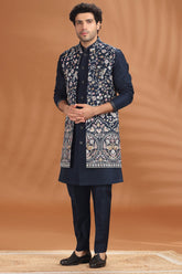 Navy Blue Silk Floral Embroidered Jacket Kurta Set