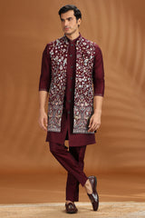 Wine Purple Silk Floral Embroidered Jacket Kurta Set