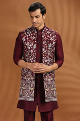 Wine Purple Silk Floral Embroidered Jacket Kurta Set