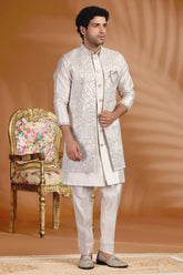 Light Pink Silk Embroidered Jacket Kurta Set
