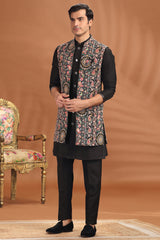 Black Silk Paisley Printed and Sequin Worked Jacket Indo Wester Set