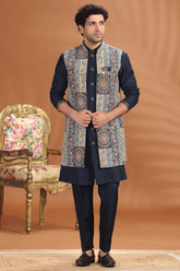 Navy Blue Silk Printed and Sequin Worked Jacket Kurta Set