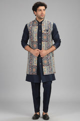 Navy Blue Silk Printed and Sequin Worked Jacket Kurta Set