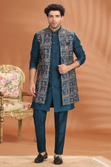 Prussian Blue Silk Embroidered Indo Western Jacket Set