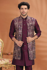 Wine Purple Silk Embroidered Indo Western Jacket Set