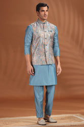 Aqua Blue Silk Kurta Pajama with Printed Jacket