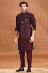 Dark Wine Purple Silk Kurta Pajama with Embroidered Jacket