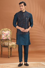 Rama Blue Silk Kurta Pajama with Embroidered Jacket