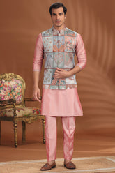 Light Pink Silk Kurta Pajama with Printed Jacket