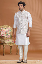 Off White Silk Embroidered Kurta Pajama Set with Jacket