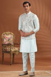 Light Sky Blue Silk Embroidered Kurta Pajama Set with Jacket