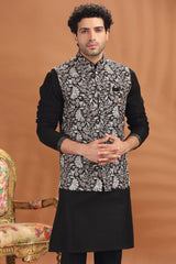 Black Silk Embroidered Kurta Pajama with Jacket