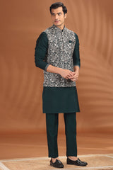 Teal Green Silk Embroidered Kurta Pajama Set with Jacket