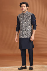 Navy Blue Silk Embroidered Kurta Pajama Set with Jacket