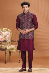 Dark Purple Silk Kurta Pajama Set with Embroidered Jacket