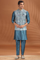 Aqua Blue Silk Kurta Pajama with Printed Jacket