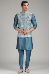 Aqua Blue Silk Kurta Pajama with Printed Jacket