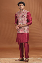 Maroon Silk Kurta Pajama with Printed Jacket