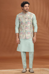 Light Pista Green Silk Kurta Pajama with Printed Jacket
