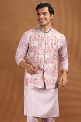 Pink Silk Kurta Pajama with Printed Jacket
