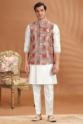 Off White Silk Kurta Pajama with Printed Jacket