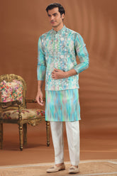 Firozi Blue and Multi Colored Silk Kurta Pajama with Embroidered Mirror Worked Jacket