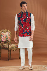 Pearl White Silk Kurta Pajama with Printed Jacket