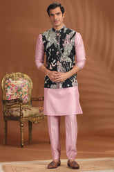Light Pink Silk Kurta Pajama with Printed Jacket