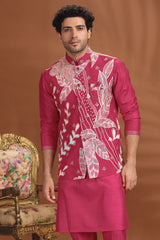Rani Pink Silk Kurta Pajama with Printed Jacket
