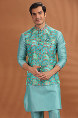Turquoise Blue Silk Kurta Pajama with Printed Jacket