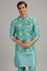 Turquoise Blue Silk Kurta Pajama with Printed Jacket