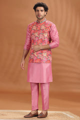 Pink Silk Kurta Pajama with Printed Jacket