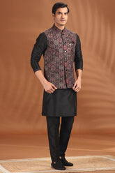 Black Silk Kurta Pajama with Embroidered Jacket