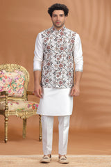 Pearl White Silk Kurta Pajama with Embroidered Jacket