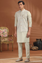 Beige Silk Sequin Embroidered Kurta Pajama with Jacket