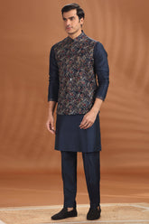 Navy Blue Silk Kurta Pajama with Embroidered Jacket