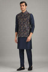 Navy Blue Silk Kurta Pajama with Embroidered Jacket