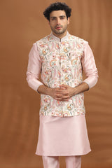 Pink Silk Printed Kurta Pajama with Jacket