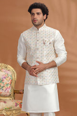 Off White Silk Embroidered Sequin Kurta Pajama with Jacket