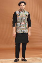 Black Silk Kurta Pajama with Printed Jacket