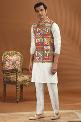 Off White Silk Kurta Pajama with Printed Jacket