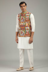 Off White Silk Kurta Pajama with Printed Jacket