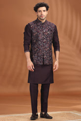 Dark Purple Silk Embroidered Kurta Pajama with Jacket