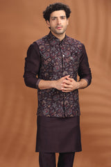 Dark Purple Silk Embroidered Kurta Pajama with Jacket