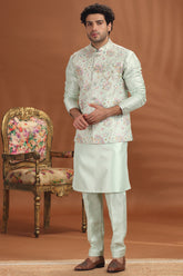 Light Sea Green Silk Sequin Embroidered Kurta Pajama with Jacket