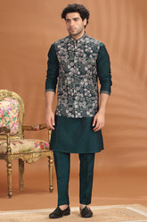 Bottle Green Silk Sequin Embroidered Kurta Pajama with Jacket