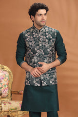 Bottle Green Silk Sequin Embroidered Kurta Pajama with Jacket
