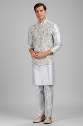 Light Grey Silk Embroidered Kurta Pajama with Jacket