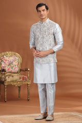 Light Grey Silk Embroidered Kurta Pajama with Jacket